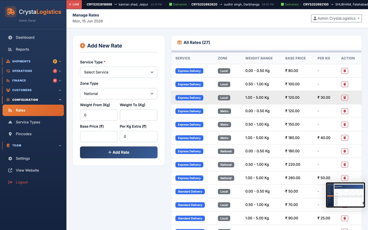 CrystaLogistics admin panel